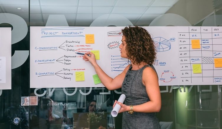 Female,Coach,Showing,Project,Management,Studies,Over,Glass,Wall